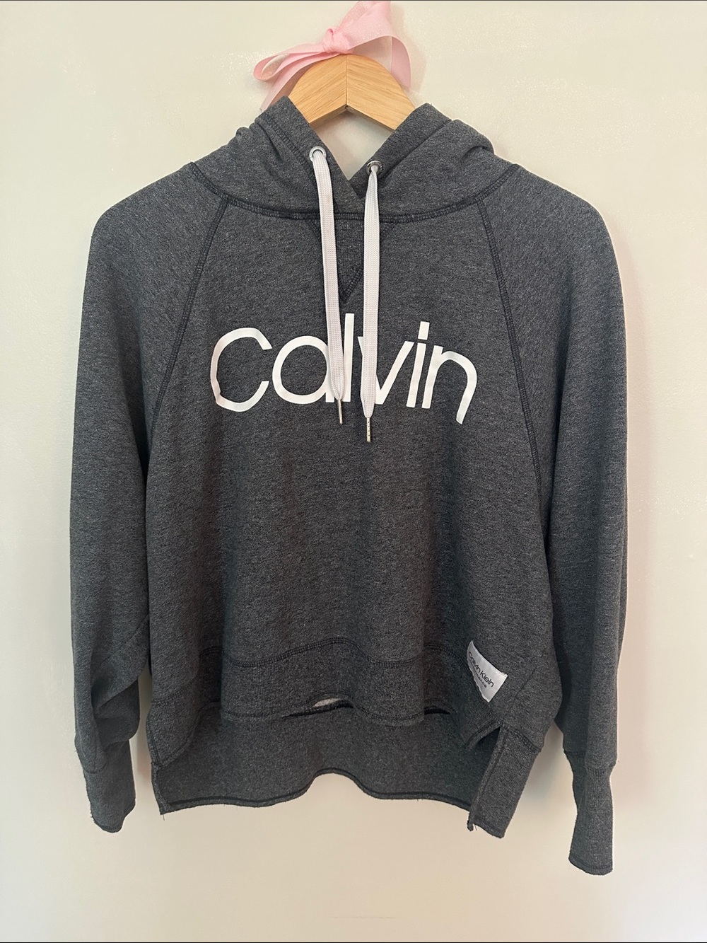 Calvin Klein Dark Gray Logo Hoodie Sweatshirt with White Drawstrings